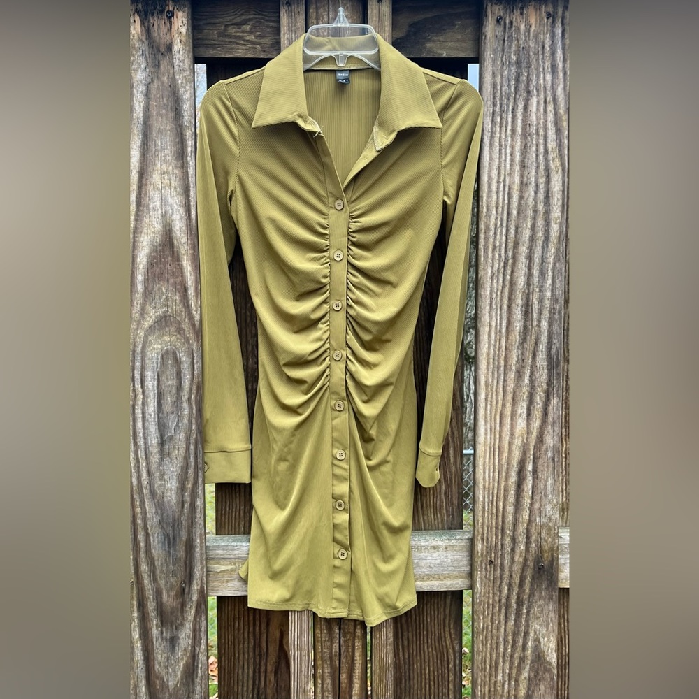 Olive Green Rouched Button Up Dress - Picture 2 of 7